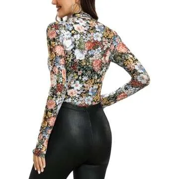 BemorRun Floral Mesh Long Sleeve Tops for Women Mock Neck See Through Fitted Sexy Going Out Top(Multi Floral,S)