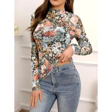 BemorRun Floral Mesh Long Sleeve Tops for Women Mock Neck See Through Fitted Sexy Going Out Top(Multi Floral,S)