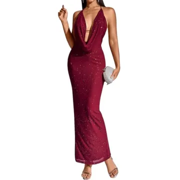 KUTUMAI Women Sexy Sequin Bodycon Maxi Dress V Neck Split Back Formal Evening Cocktail Party Long Dr...