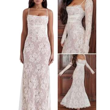 Maxi Lace Dress, Women Cami Dress with Small Shaw Romantic Long Sleeve Lace Bodycon Dresses Elegant White S