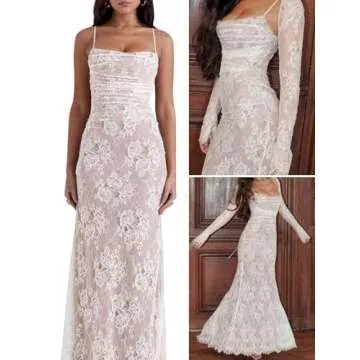 Maxi Lace Dress, Women Cami Dress with Small Shaw Romantic Long Sleeve Lace Bodycon Dresses Elegant White S
