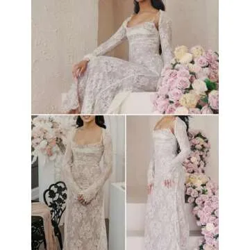Maxi Lace Dress, Women Cami Dress with Small Shaw Romantic Long Sleeve Lace Bodycon Dresses Elegant White S