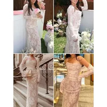 Maxi Lace Dress, Women Cami Dress with Small Shaw Romantic Long Sleeve Lace Bodycon Dresses Elegant White S