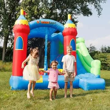 Bounceland Royal Palace Inflatable Bounce House, with Long Slide, Large Bouncing Area, Basketball Hoop and Sun Roof, 13 ft x 12 ft x 9 ft H, UL Strong Certified Blower, Castle Kids Party Theme