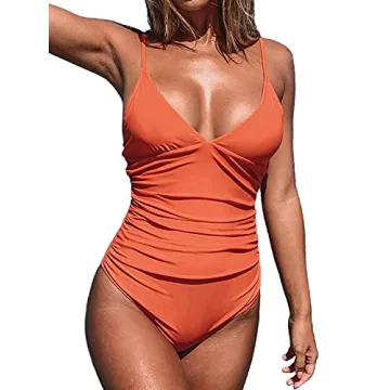 CUPSHE Womens Swimwear V Neck Shirring Swimsuit,Orange, Small