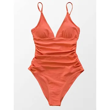 CUPSHE Womens Swimwear V Neck Shirring Swimsuit,Orange, Small