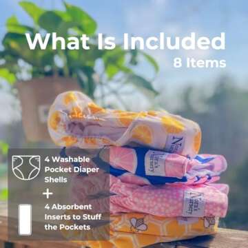 Nora's Nursery Cloth Pocket Diapers 4 Pack with 4 Inserts - Waterproof Cover, Washable, Reusable & O...
