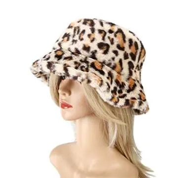 Women's Leopard Print Faux Fur Bucket Hat Fluffy Winter Warmer Plush Fisherman Cap Cream