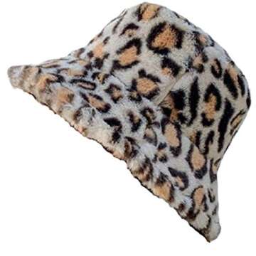 Women's Leopard Print Faux Fur Bucket Hat Fluffy Winter Warmer Plush Fisherman Cap Cream
