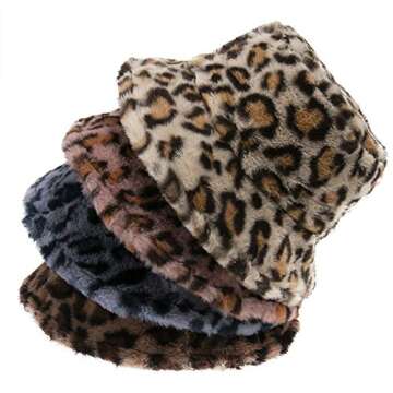 Women's Leopard Print Faux Fur Bucket Hat Fluffy Winter Warmer Plush Fisherman Cap Cream