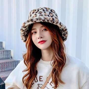 Women's Leopard Print Faux Fur Bucket Hat Fluffy Winter Warmer Plush Fisherman Cap Cream