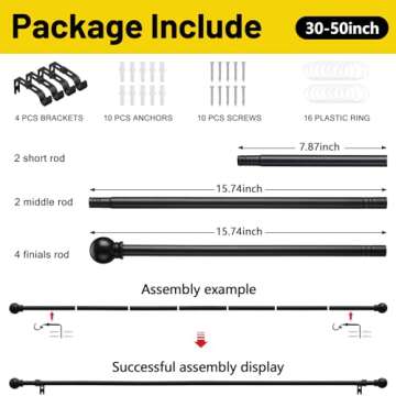 CALCHELE 2 Pack Black Curtain Rods for Windows 28 to 48 inch, 5/8 inch Small Cafe Window Curtain Rods, Short Drapery Curtain Rods for Bedroom Kitchen (Size：30-50 Inch, Matte Black)