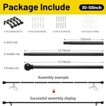 Strong CALCHELE Curtain Rods in Matte Black - 28 to 48 Inch
