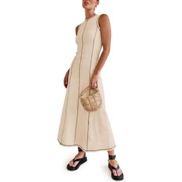Wenrine Womens Sleeveless T Shirt Dress Summer Contrast Stitch Ribbed Knit Tank Maxi Dresses