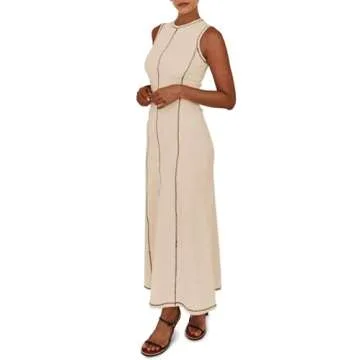 Wenrine Womens Sleeveless T Shirt Dress Summer Contrast Stitch Ribbed Knit Tank Maxi Dresses