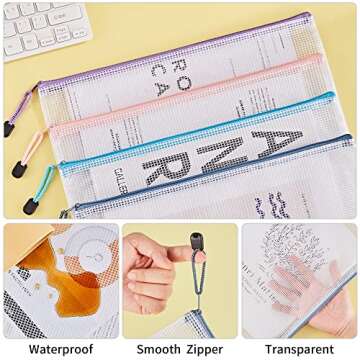 JARLINK 24pcs Mesh Zipper Pouches, A4/Letter Size Waterproof Zipper Bags, 6 Colors, Multipurpose Plastic Document Pouch for School Supplies, Office Supplies, Travel Storage, Puzzles Organize