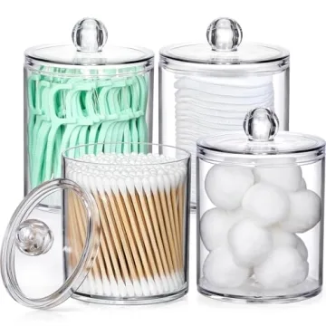 4 Pack Acrylic Qtip Holder Dispenser for Cotton Swabs, Balls, Pads, Floss Picks- Small Clear Plastic...