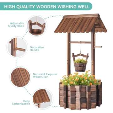 Aoxun Wooden Wishing Well Planter with Hanging Bucket for Flower and Plants Indoor and Outdoor, Rust...