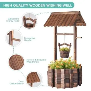 Aoxun Wooden Wishing Well Planter with Hanging Bucket for Flower and Plants Indoor and Outdoor, Rust...