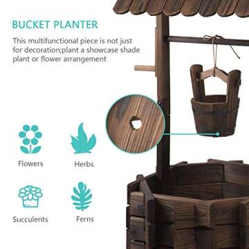 Aoxun Rustic Wooden Wishing Well Planter for Indoor & Outdoor Use