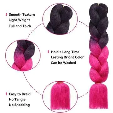 HAIRCUBE Ombre Braiding Hair 24 Inch 3 Packs Pre Stretched Box Braids Colorful Twist Braiding Hair Extensions Synthetic Crochet Braiding (Black/Hot Pink)