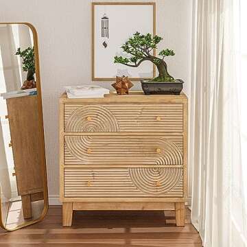COZAYH 3-Drawer Farmhouse Dresser with Handicraft Wood Ring Motif, Set of 2 Fully Assembled Nightsta...