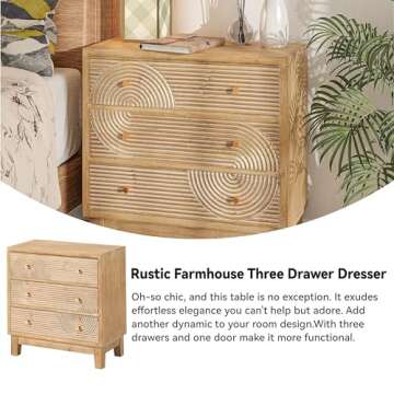 COZAYH 3-Drawer Farmhouse Dresser with Handicraft Wood Ring Motif, Set of 2 Fully Assembled Nightstand Wooden Finish for Boho, Mid-Century, Natural Wood, Rustic