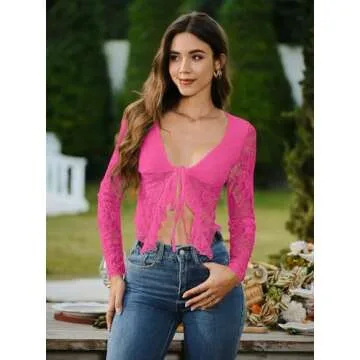 AGECODE Women's Sexy Open Front Tie Long Sleeve Ruffle Trim Sheer Mesh Lace Crop Tops Blouses Hot Pink Medium