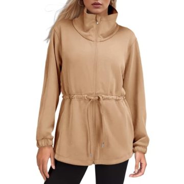 Fisoew Women's Zip Up Sweatshirt Long Sleeve Stand Neck Drawstring Waist Warm No Hood Sweatshirt Kha...