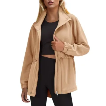 Fisoew Women's Zip Up Sweatshirt Long Sleeve Stand Neck Drawstring Waist Warm No Hood Sweatshirt Khaki