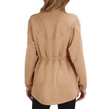 Fisoew Women's Zip Up Sweatshirt Long Sleeve Stand Neck Drawstring Waist Warm No Hood Sweatshirt Khaki