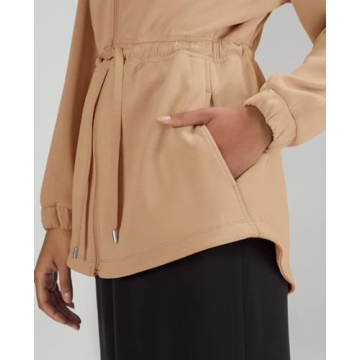 Fisoew Women's Zip Up Sweatshirt Long Sleeve Stand Neck Drawstring Waist Warm No Hood Sweatshirt Khaki