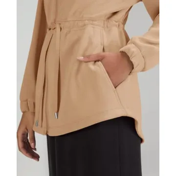 Fisoew Women's Zip Up Sweatshirt Long Sleeve Stand Neck Drawstring Waist Warm No Hood Sweatshirt Khaki