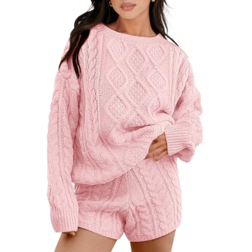 ANRABESS Women 2 Piece Outfits Sweater Lounge Loungewear Sets Fall Cable Knit Oversized Sweaters Sho...