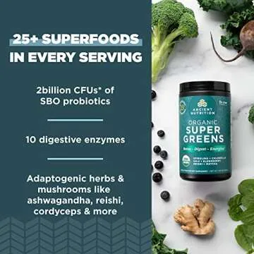 Super Greens Powder by Ancient Nutrition, Organic Superfood Powder with Probiotics Made with Spirulina, Chlorella, Matcha, and Digestive Enzymes, 25 Servings, 7.5oz