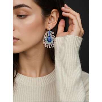Frogwill Womens Crystal Hook Earrings Sparkling Rhinestone Peacock Feather Dangle Earrings (Blue)