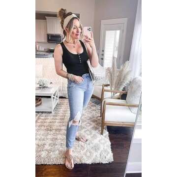 BTFBM Women's Summer Ribbed Tank Tops Crew Neck Button Down Slim Fit Basic Sleeveless Tunic Blouse Casual Henley Shirts(Sleeveless Black, Large)