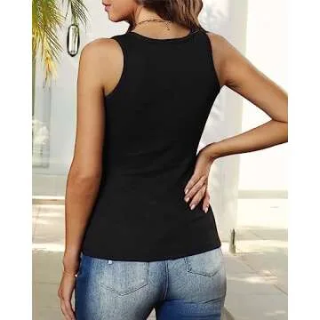 BTFBM Women's Summer Ribbed Tank Tops Crew Neck Button Down Slim Fit Basic Sleeveless Tunic Blouse Casual Henley Shirts(Sleeveless Black, Large)