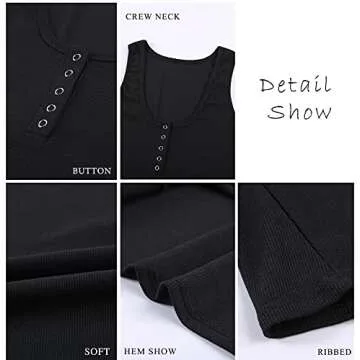 BTFBM Women's Summer Ribbed Tank Tops Crew Neck Button Down Slim Fit Basic Sleeveless Tunic Blouse Casual Henley Shirts(Sleeveless Black, Large)