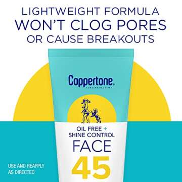Coppertone Oil Free + Shine Control Sunscreen Face Lotion SPF 45, Lightweight Sunscreen for All Skin Tones, Won't Clog Pores, Fragrance Free, 2.5 Fl Oz Tube