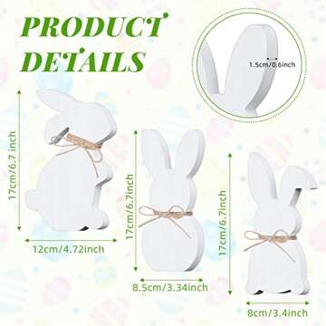 3 Pcs Easter Bunny Table Wooden Signs with Rope Easter Spring Wooden Tiered Tray Decor Rabbit Tabletop Party Centerpiece Signs Spring Decorations for Home Dining Room Desk Office (White)