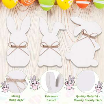 3 Pcs Easter Bunny Table Wooden Signs with Rope Easter Spring Wooden Tiered Tray Decor Rabbit Tabletop Party Centerpiece Signs Spring Decorations for Home Dining Room Desk Office (White)