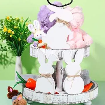3 Pcs Easter Bunny Table Wooden Signs with Rope Easter Spring Wooden Tiered Tray Decor Rabbit Tabletop Party Centerpiece Signs Spring Decorations for Home Dining Room Desk Office (White)