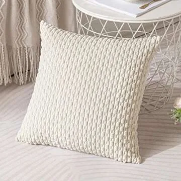 ANRODUO Pack of 2 Cream White Pillow Covers Decorative Throw Pillow Covers 18x18 Inch for Couch Bed Living Room Soft Corduroy Striped Square Cushion Covers Rustic Farmhouse Pillow Spring Home Decor