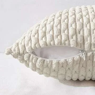 ANRODUO Pack of 2 Cream White Pillow Covers Decorative Throw Pillow Covers 18x18 Inch for Couch Bed Living Room Soft Corduroy Striped Square Cushion Covers Rustic Farmhouse Pillow Spring Home Decor