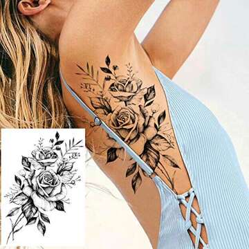 COKTAK 3D Realistic Black Rose Temporary Tattoos for Women