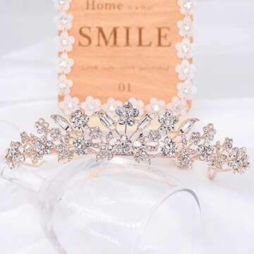 Bridal Rhinestone Crystal Tiara Crown for Women Flower Girls Wedding Prom Birthday Pegeant Veil Tiaras Headband, Rose Gold