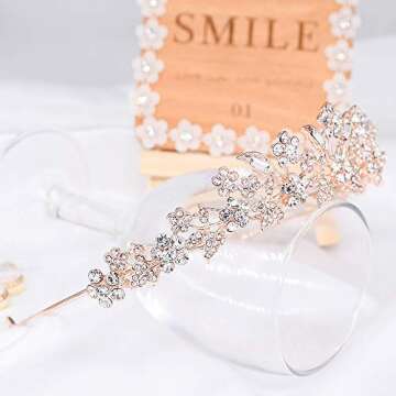 Bridal Rhinestone Crystal Tiara Crown for Women Flower Girls Wedding Prom Birthday Pegeant Veil Tiaras Headband, Rose Gold