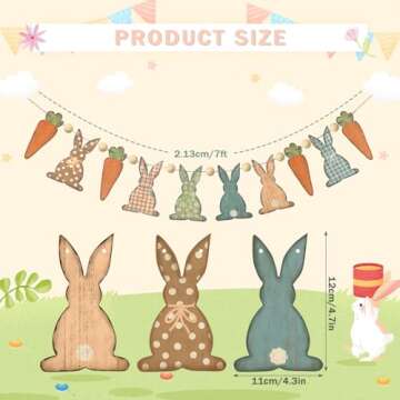 Cinnvoice Wooden Rustic Easter Bunny Rabbit Banner Vintage Rabbit Beads Garland Farmhouse Spring Eas...