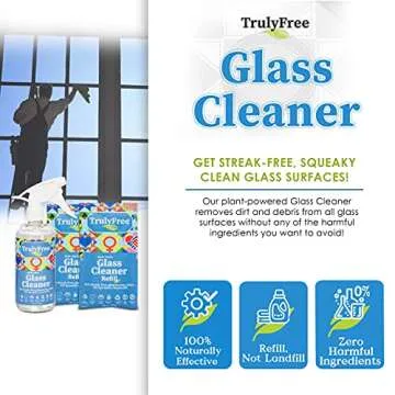 Truly Free Natural Glass Cleaner Spray- Removes Dirt & Debris for Sparkling Clean Windows & Glass Surfaces at Home, Office & Garage, Includes: 1 Refillable Empty Bottle (16oz) & 2 Refills (3oz ea)